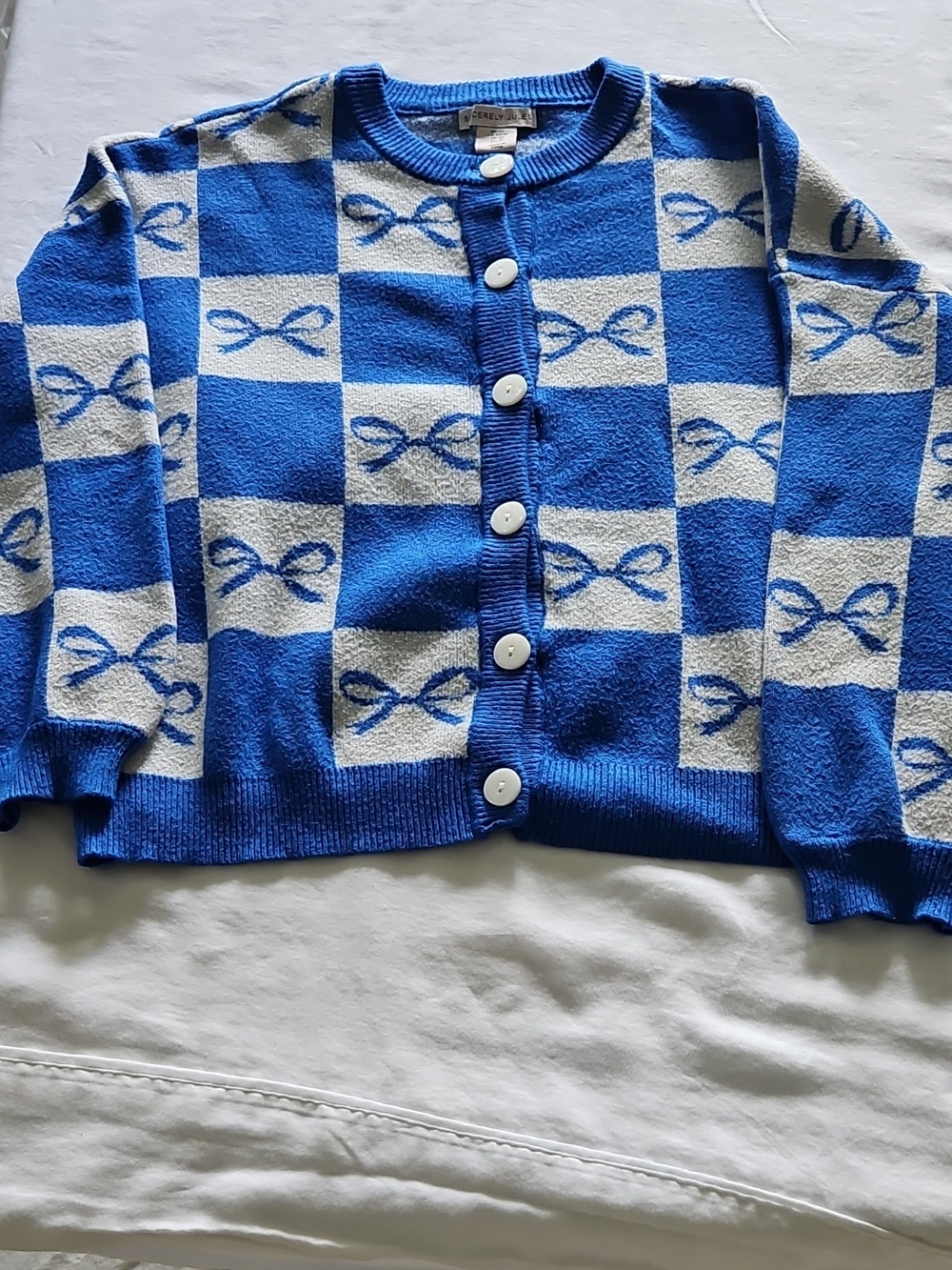 Sincerely Jules Blue & Cream Checkered Bow Cardigan